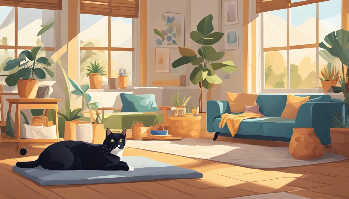 Cats lounging on a variety of cozy cat trees, scratching posts, and comfortable beds in a sunlit room with plenty of space to play and explore