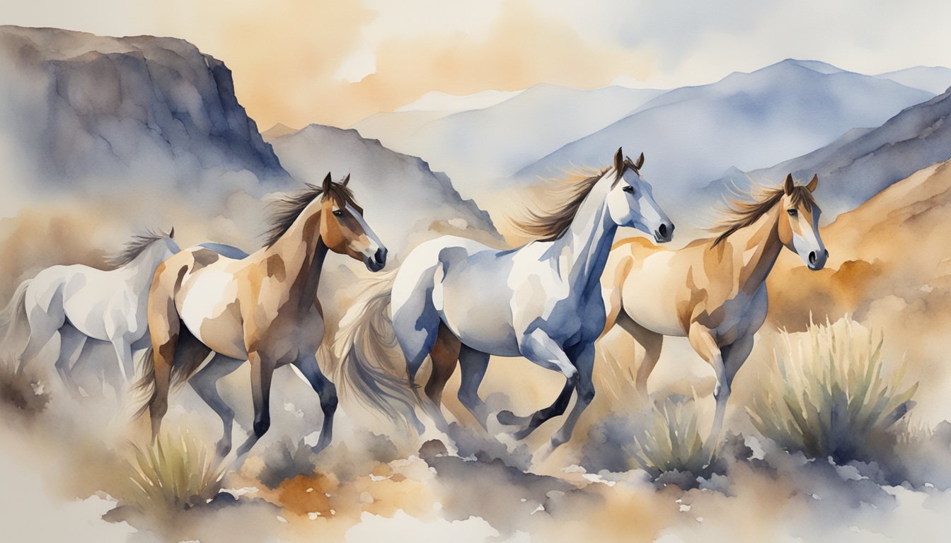 Wild mustangs roam across rugged terrain, facing threats from habitat loss and overpopulation.</p><p>They navigate through rocky landscapes, seeking food and water sources