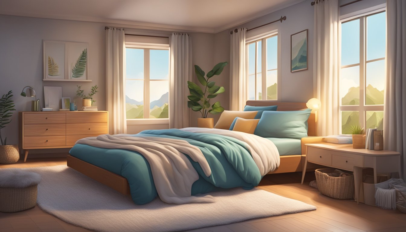 A cozy bedroom with a plush mattress surrounded by fluffy pillows and a warm, soft blanket