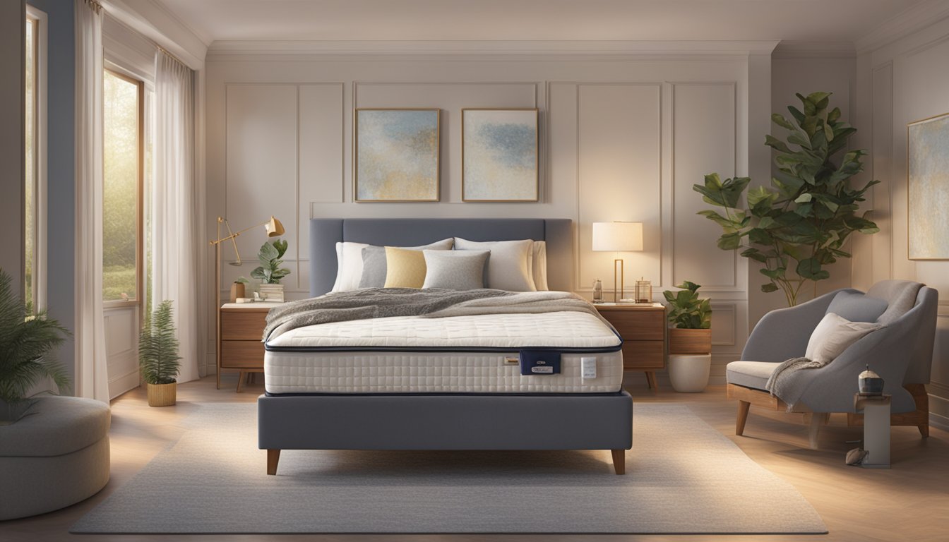 A person uncovers a luxurious Slumberland mattress in a serene bedroom setting, with soft lighting and a peaceful ambiance