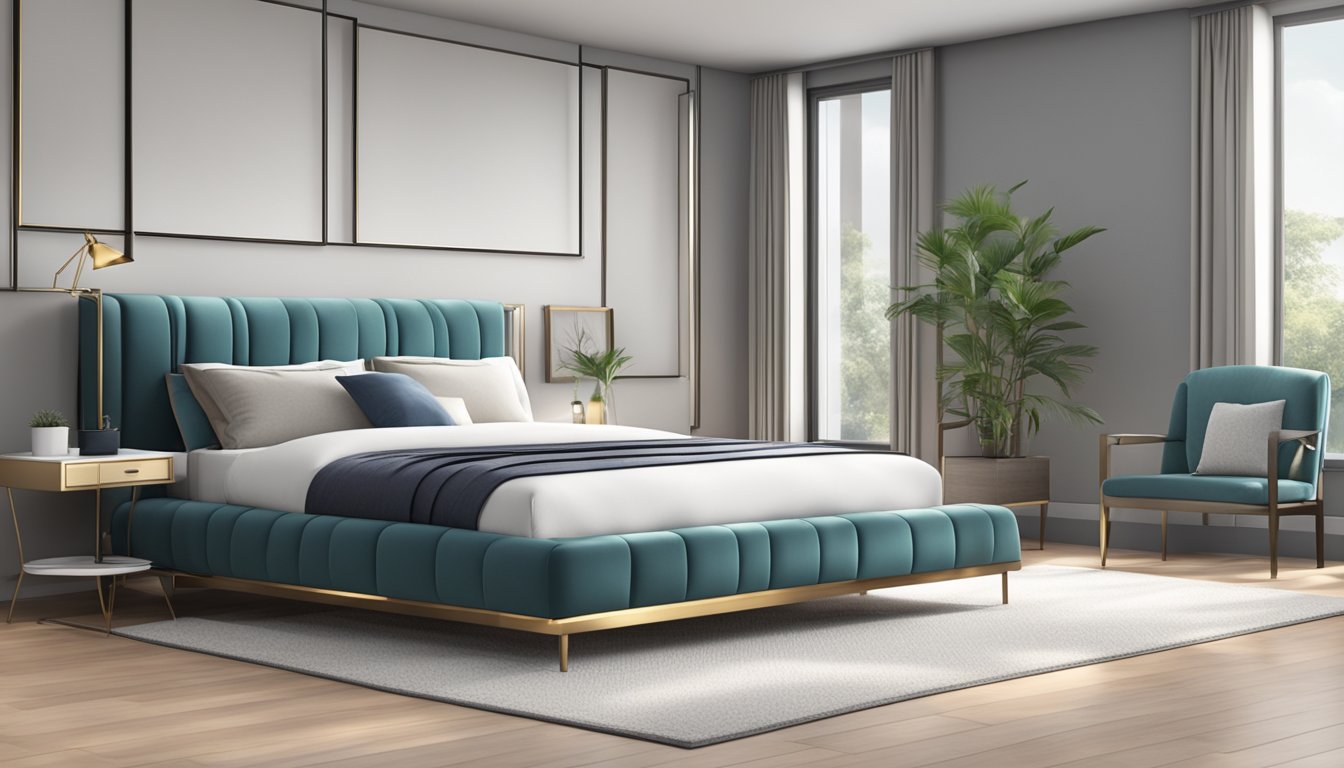 A modern double deck bed with sleek metal frame and minimalist design, adorned with luxurious bedding and decorative pillows