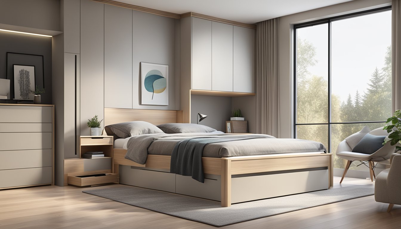 A modern double deck bed with sleek, minimalist design and built-in storage, positioned in a spacious, well-lit bedroom with neutral color scheme