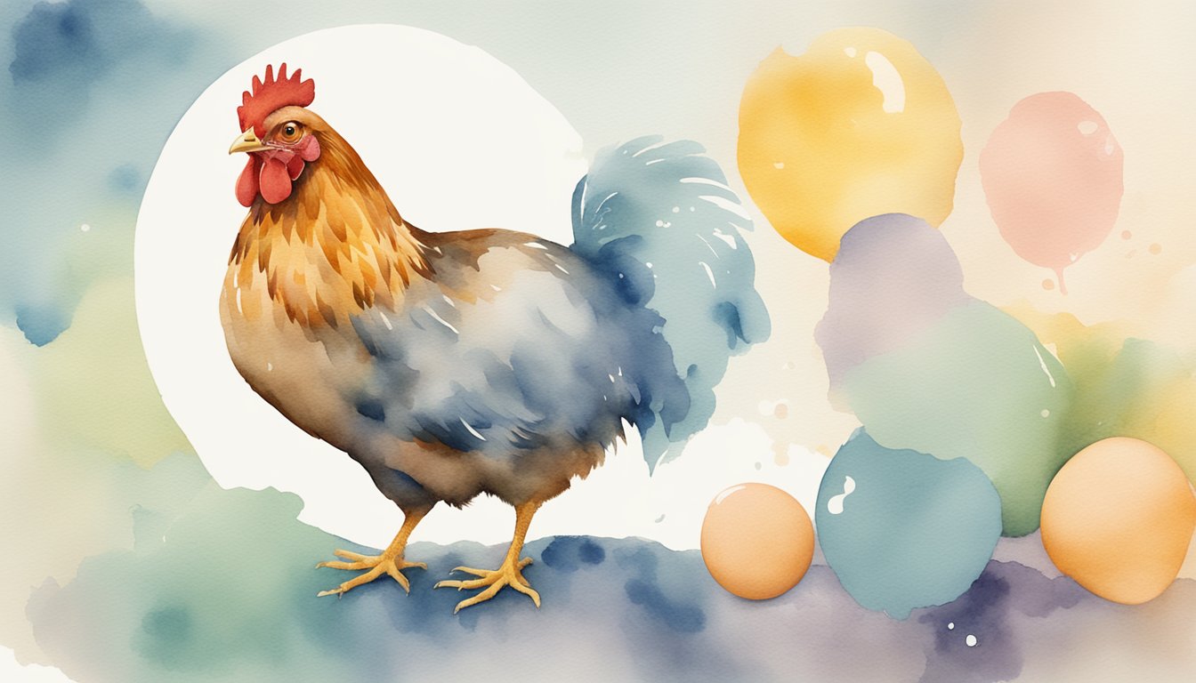 A chicken and an egg sit side by side, surrounded by question marks and thought bubbles