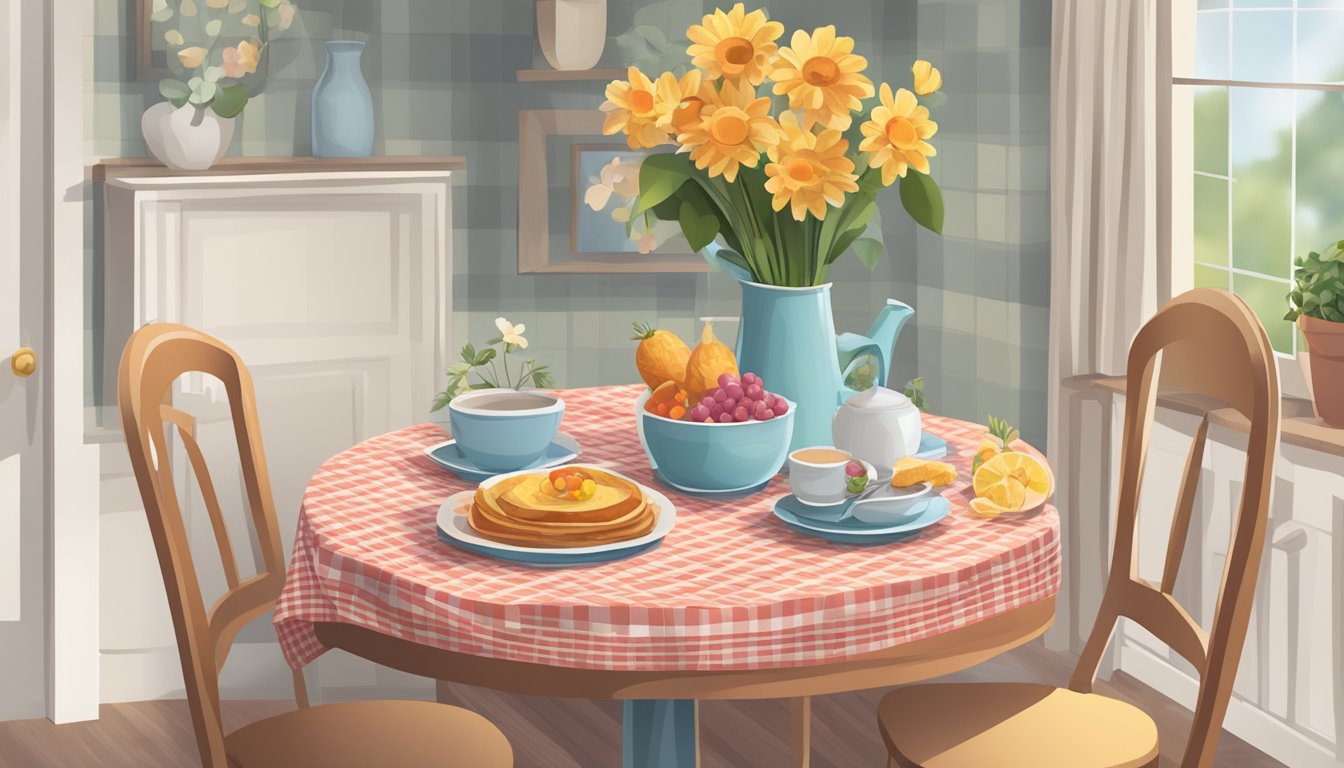 A small dining table set for 2 with a checkered tablecloth, 2 chairs, a vase of flowers, and a plate of food