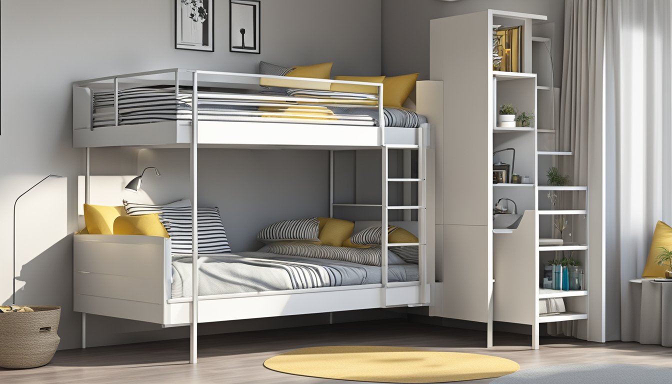 A modern, sturdy double deck bed with sleek, minimalistic design, suitable for adult use. The top bunk features a built-in ladder and safety rails