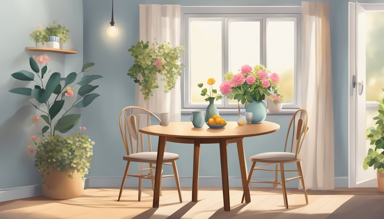 A cozy corner with a small, round dining table for two, set with simple place settings and a vase of fresh flowers