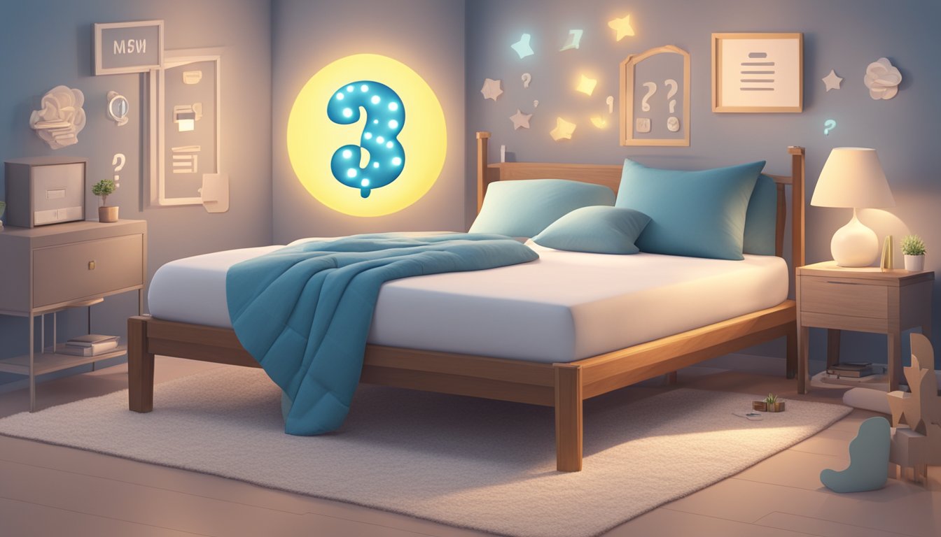 A cozy bedroom with a plush Slumberland mattress, surrounded by floating question marks and a glowing FAQ sign