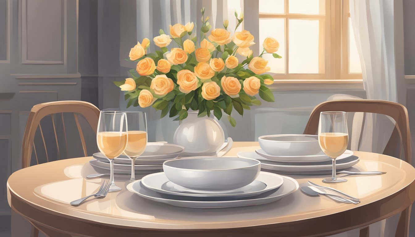 A small dining table set for 2 with elegant place settings, a floral centerpiece, and soft ambient lighting