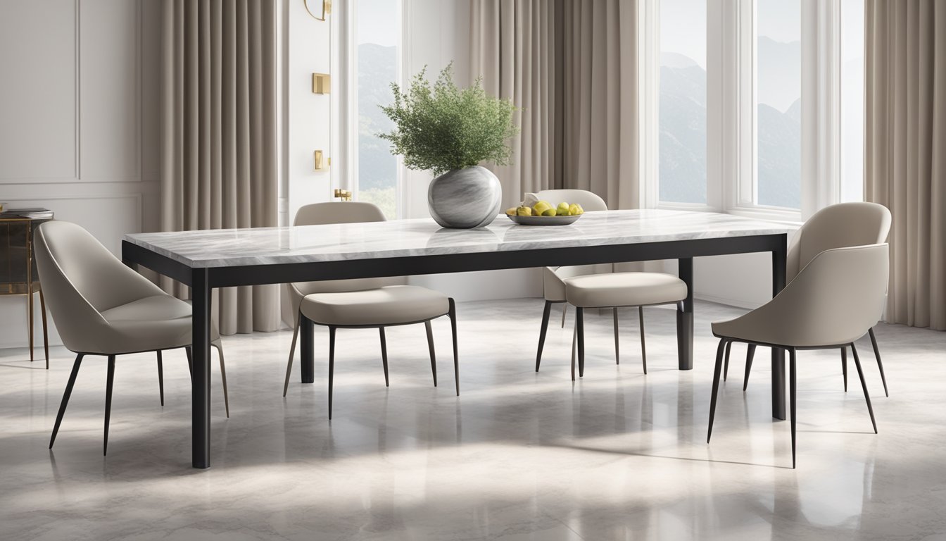 A sleek marble dining table with clean lines and a minimalist design, set against a backdrop of soft, natural lighting