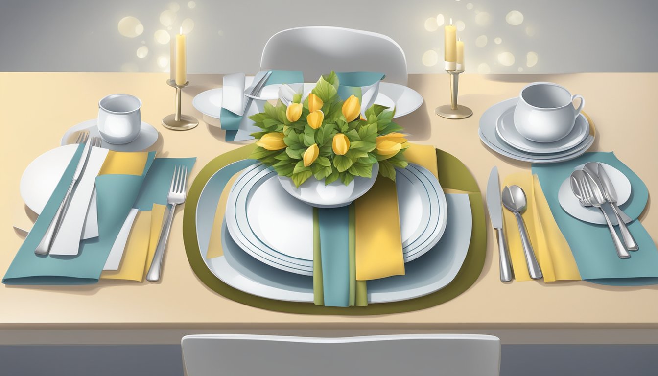 A small dining table set for 2 with neatly arranged place settings and a centerpiece