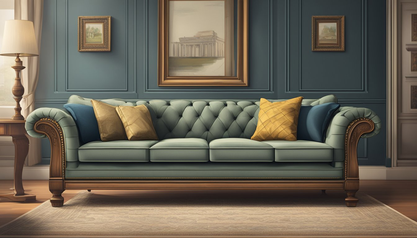 A vintage sofa and modern couch sit side by side in a room, showcasing the historical and cultural context difference
