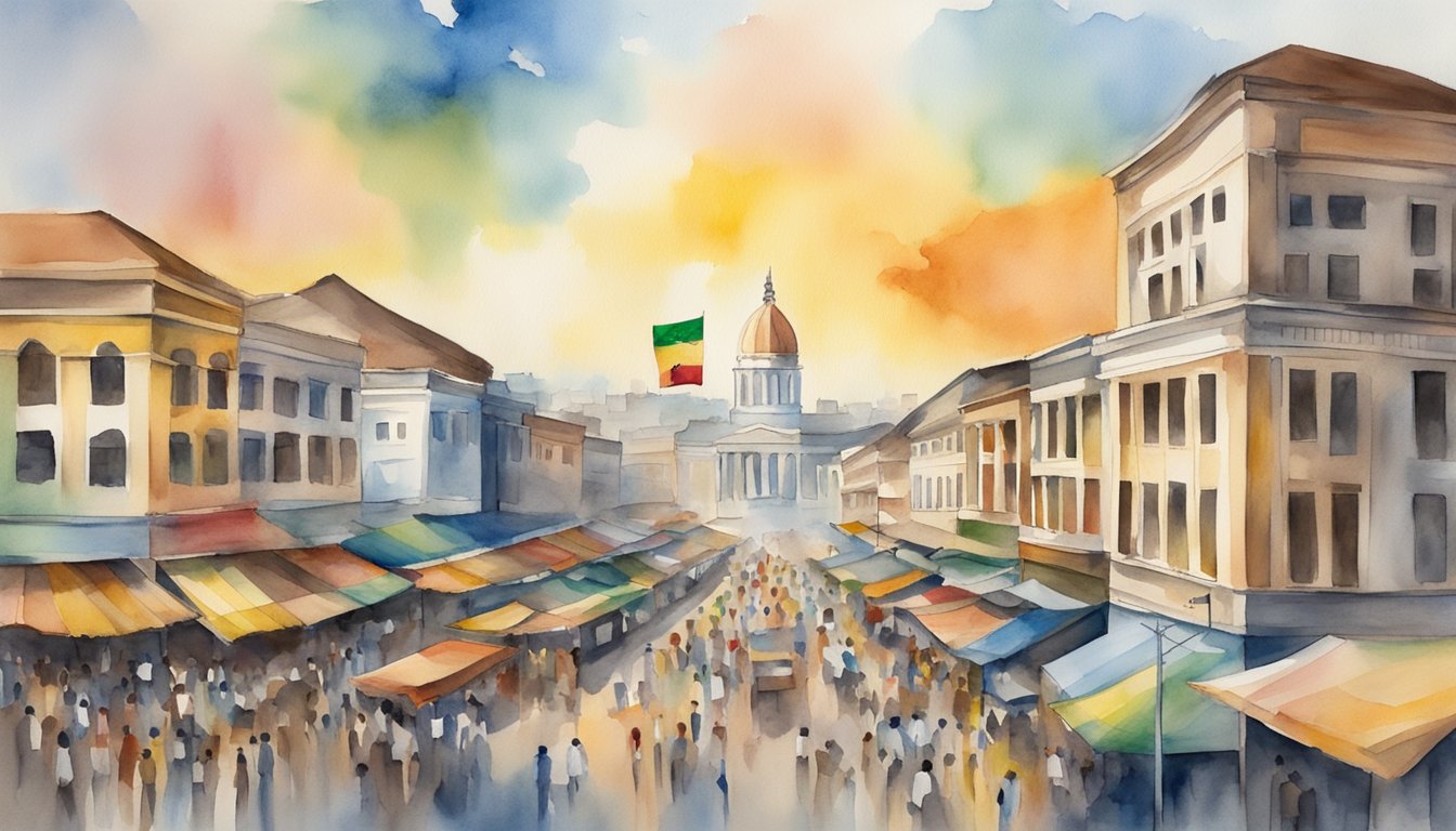 Ghana's flag flying high over bustling cityscape with government buildings and vibrant market scenes, symbolizing the nation's governance and economy