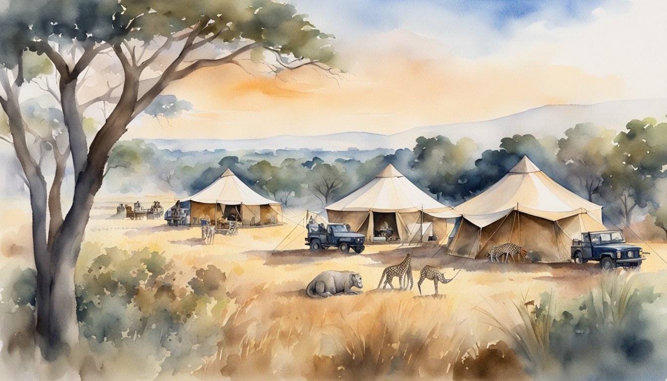 A luxury tent nestled in the savannah, with a roaring campfire and a group of safari vehicles parked nearby.</p><p>Lions and giraffes roam in the distance as guests enjoy sundowners and bush dinners