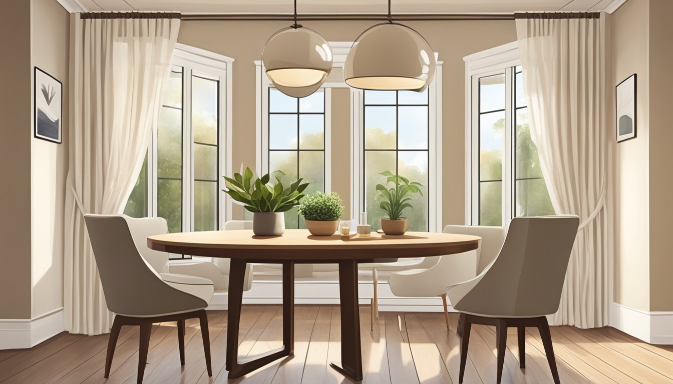 A cozy dining room with a round table, hanging pendant light, potted plants, and a large window with sheer curtains. Warm wood floors and neutral walls create a welcoming atmosphere