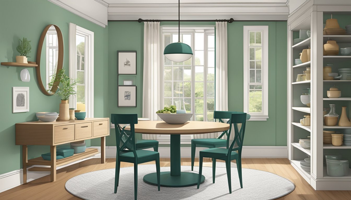 A small dining room with a round table, wall-mounted shelves, and a large mirror to create the illusion of space. A pendant light hangs above the table, and a window lets in natural light