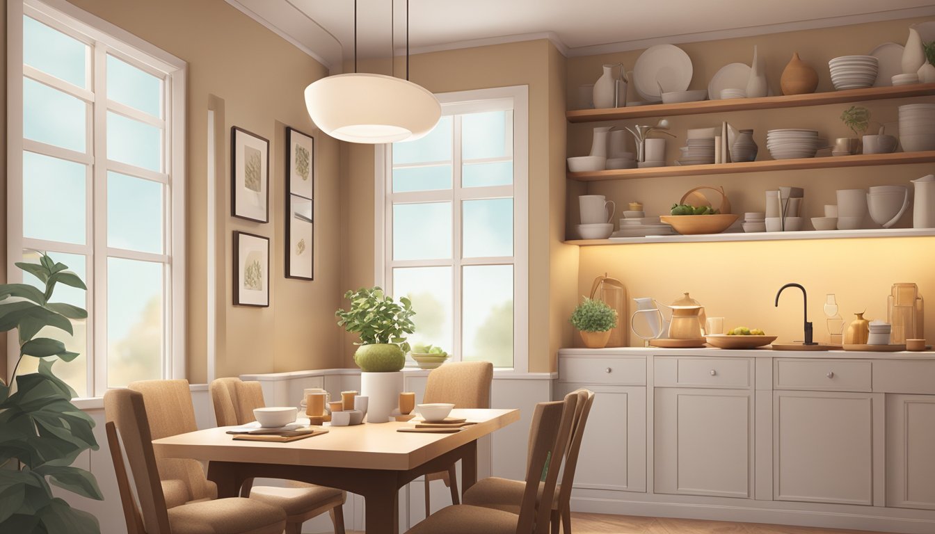 A cozy dining room with a small table, stylish chairs, soft lighting, and a warm color scheme. Shelves display decorative items, and a window allows natural light to filter in