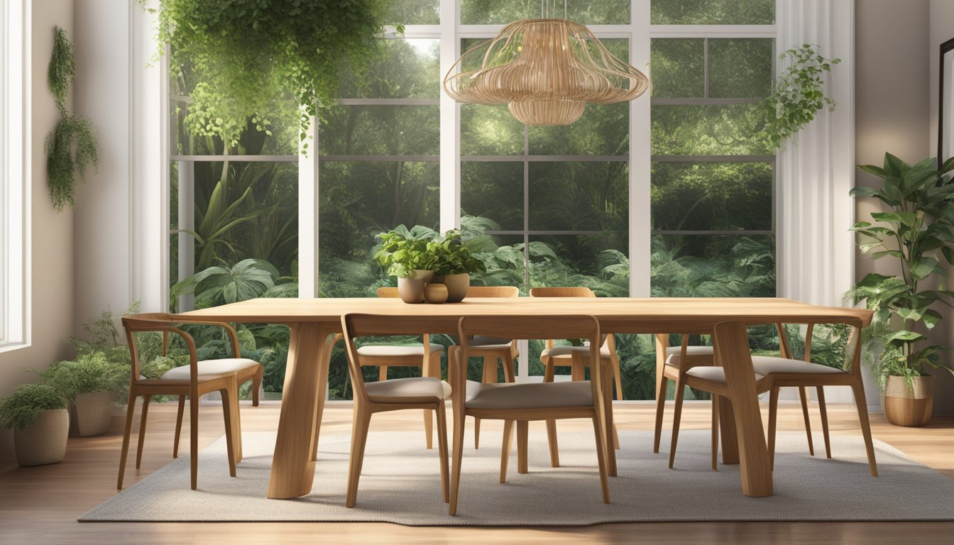 A solid wood dining table and chairs sit in a sunlit room, surrounded by lush green plants and elegant decor