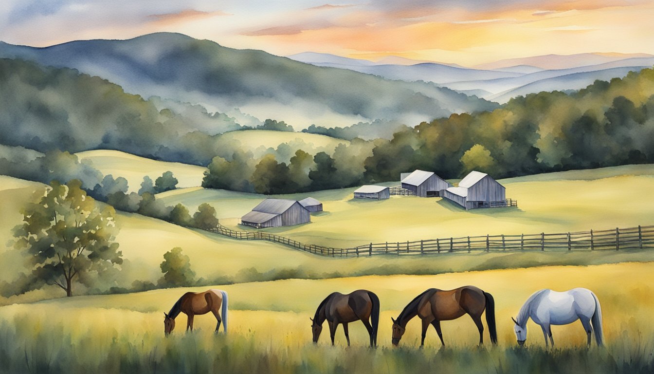 Rolling hills, with horses grazing and bourbon distilleries in the background.</p><p>Bluegrass music fills the air as the sun sets behind the Appalachian Mountains