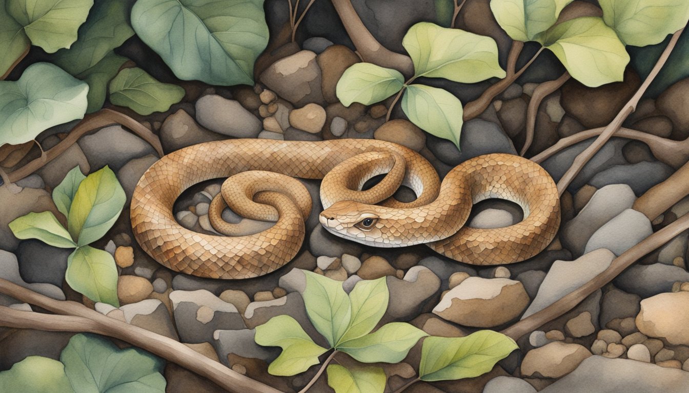 A copperhead snake coils on a rocky forest floor, its distinctive copper-colored head raised, and its patterned body blending into the leaf litter