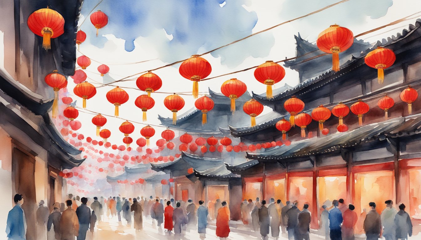 Vibrant red lanterns hang above a bustling street filled with traditional Chinese architecture, colorful banners, and people celebrating cultural festivals