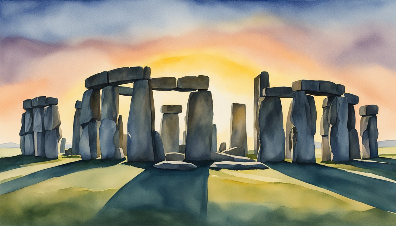 The sun sets behind Stonehenge, casting long shadows on the ancient stones.</p><p>A full moon rises, connecting the earthly monument to the celestial realm