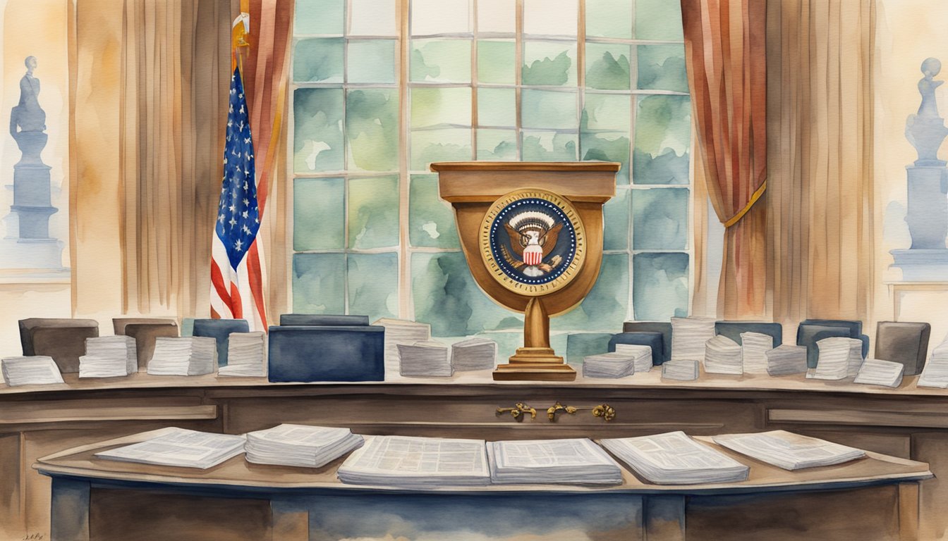 A podium with JFK's presidential seal, surrounded by historical documents and photographs, symbolizing his presidency and legacy