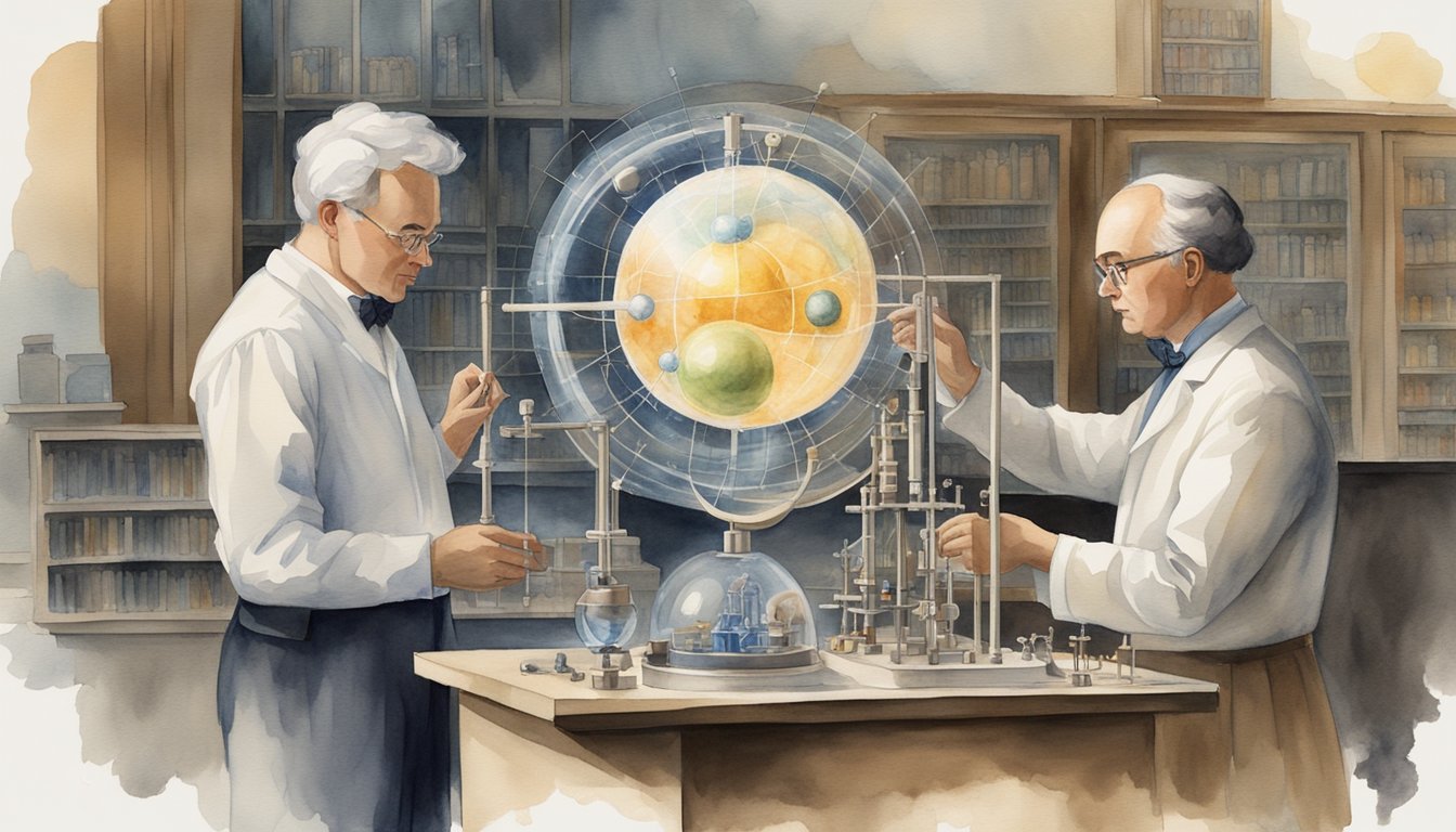 A historical figure observes an atom with a model while a modern scientist uses advanced technology to study its structure