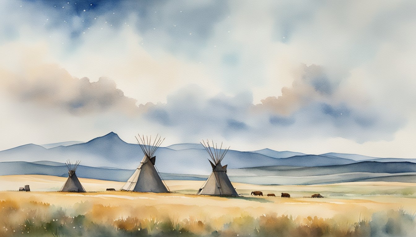 Rolling hills, vast grasslands, and a big sky.</p><p>Teepees dot the landscape, while bison roam freely.</p><p>A sense of openness and connection to nature permeates the scene