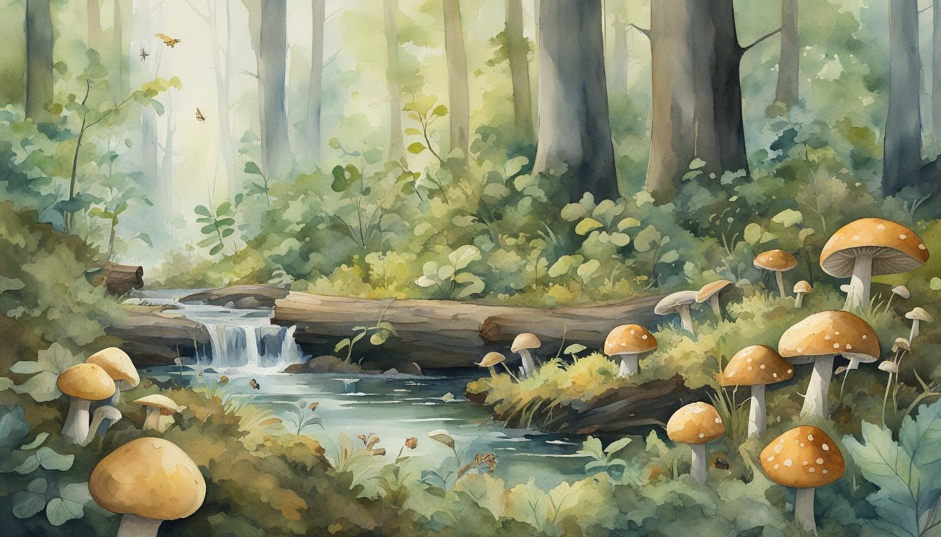 A lush forest floor with fallen leaves and branches, surrounded by various insects and small animals.</p><p>Mushrooms and fungi grow on decaying logs, while the sound of running water can be heard nearby