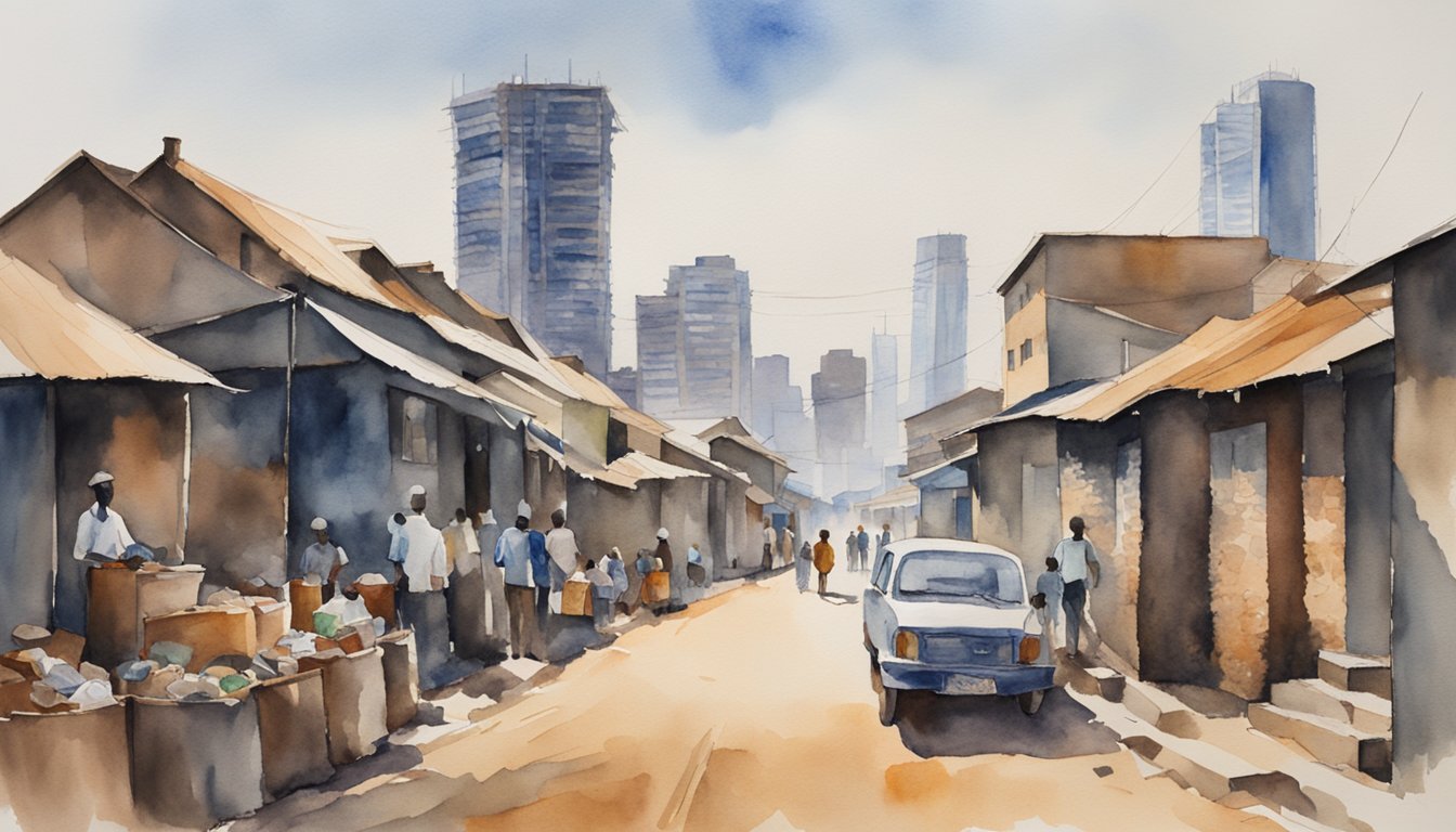 The bustling streets of Johannesburg, with skyscrapers towering above informal settlements, showcasing the stark contrast between wealth and poverty in South Africa