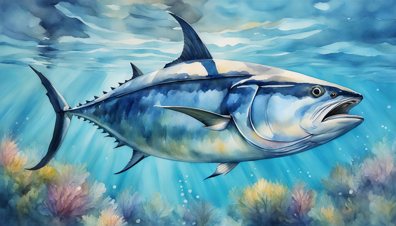 A massive bluefin tuna swims gracefully through the crystal-clear waters, its sleek body glistening in the sunlight as it dives deeper into the ocean depths