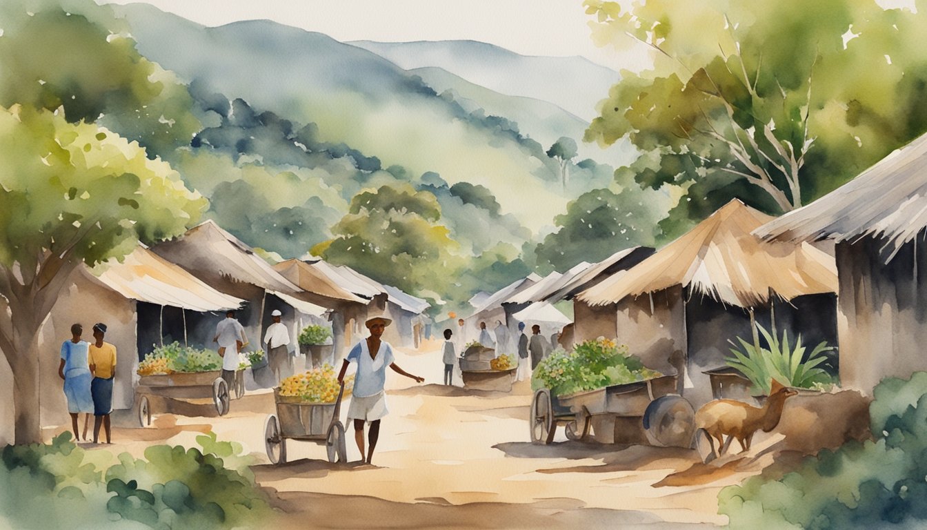 Lush green landscapes with bustling markets and diverse wildlife, showcasing the unique blend of traditional and modern governance and economy in Madagascar