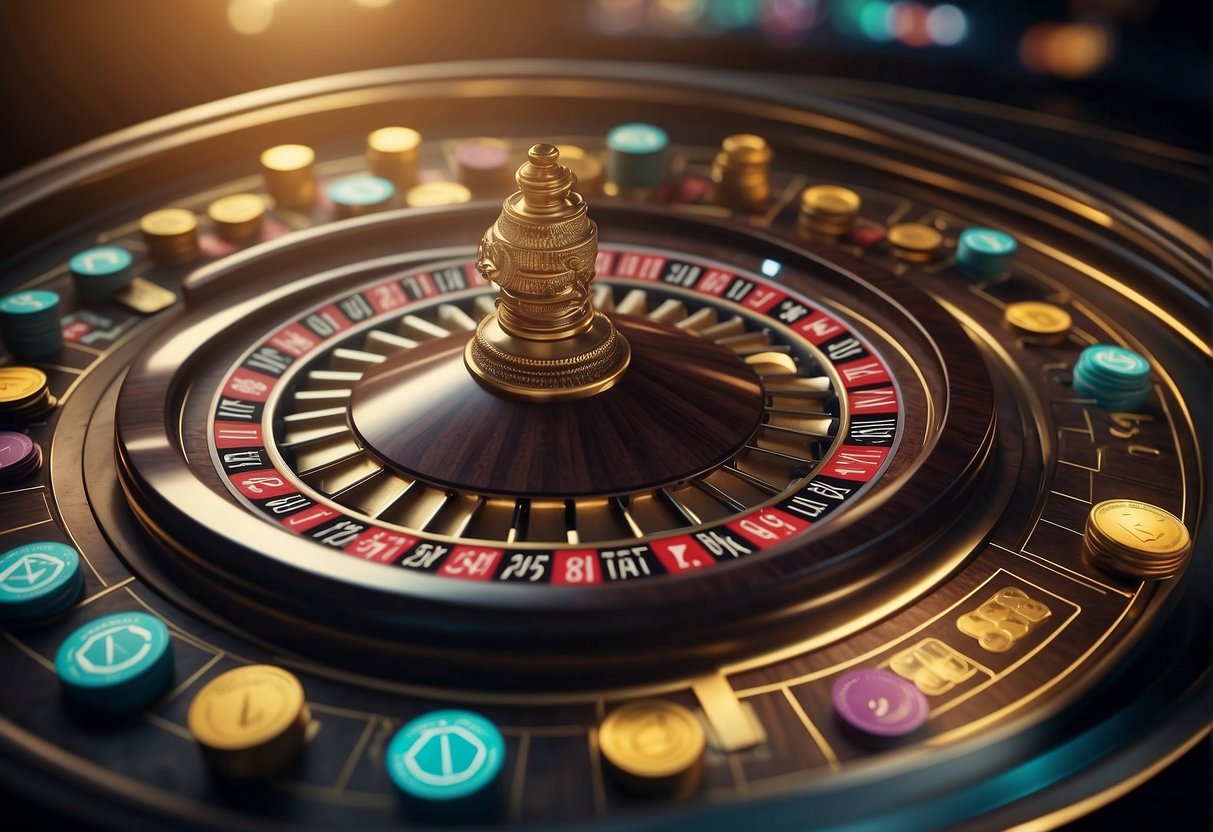 A digital casino with cryptocurrency logos, surrounded by legal documents and regulatory guidelines