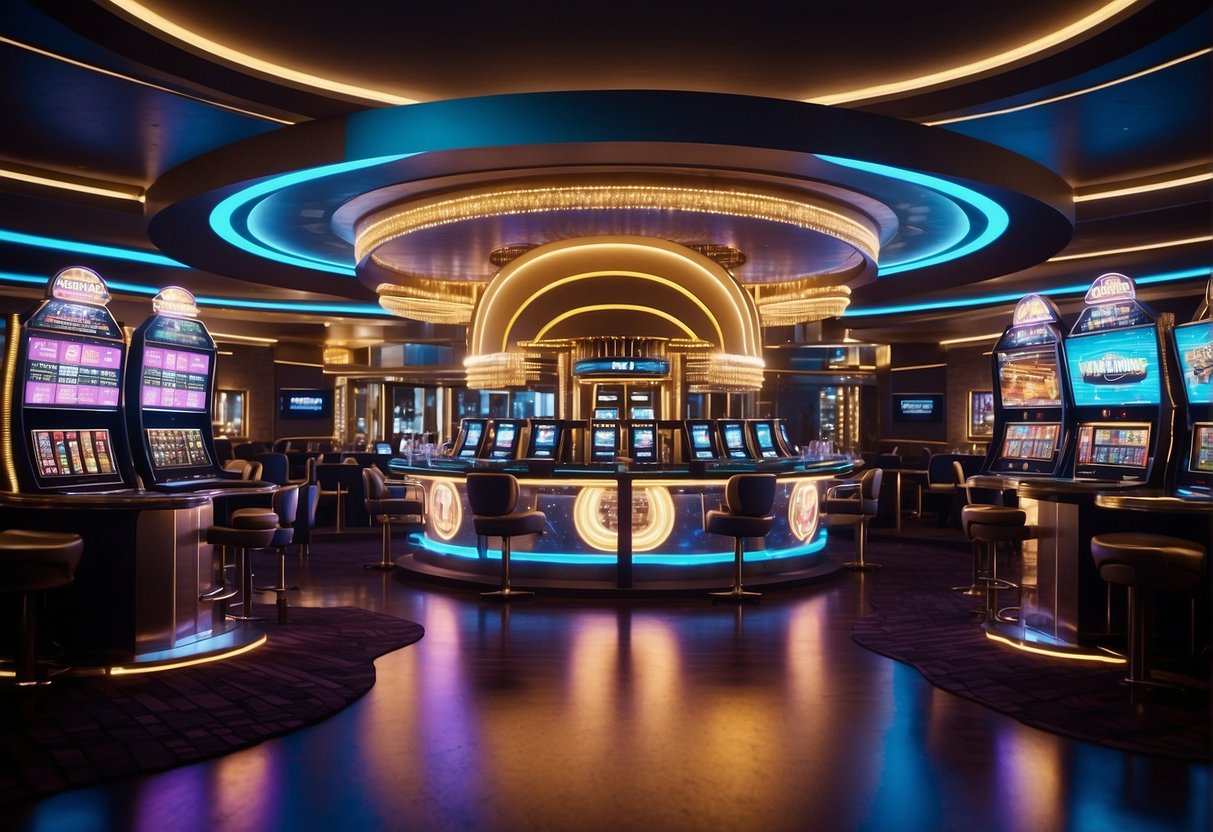 A vibrant digital casino with cryptocurrency logos, sleek interfaces, and secure transactions