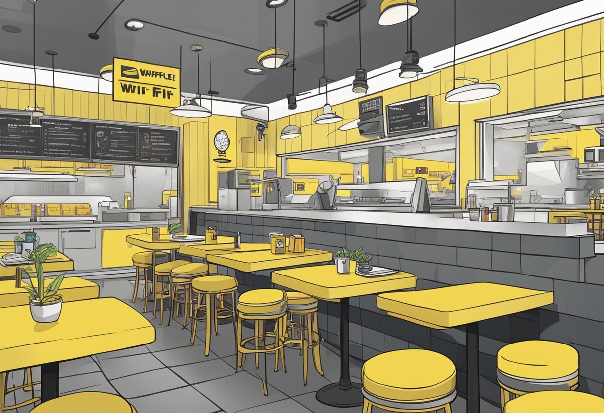 A Waffle House with wifi: A cozy diner with yellow booths, a counter, and a sign advertising free wifi. Customers enjoy their meals while browsing on their devices