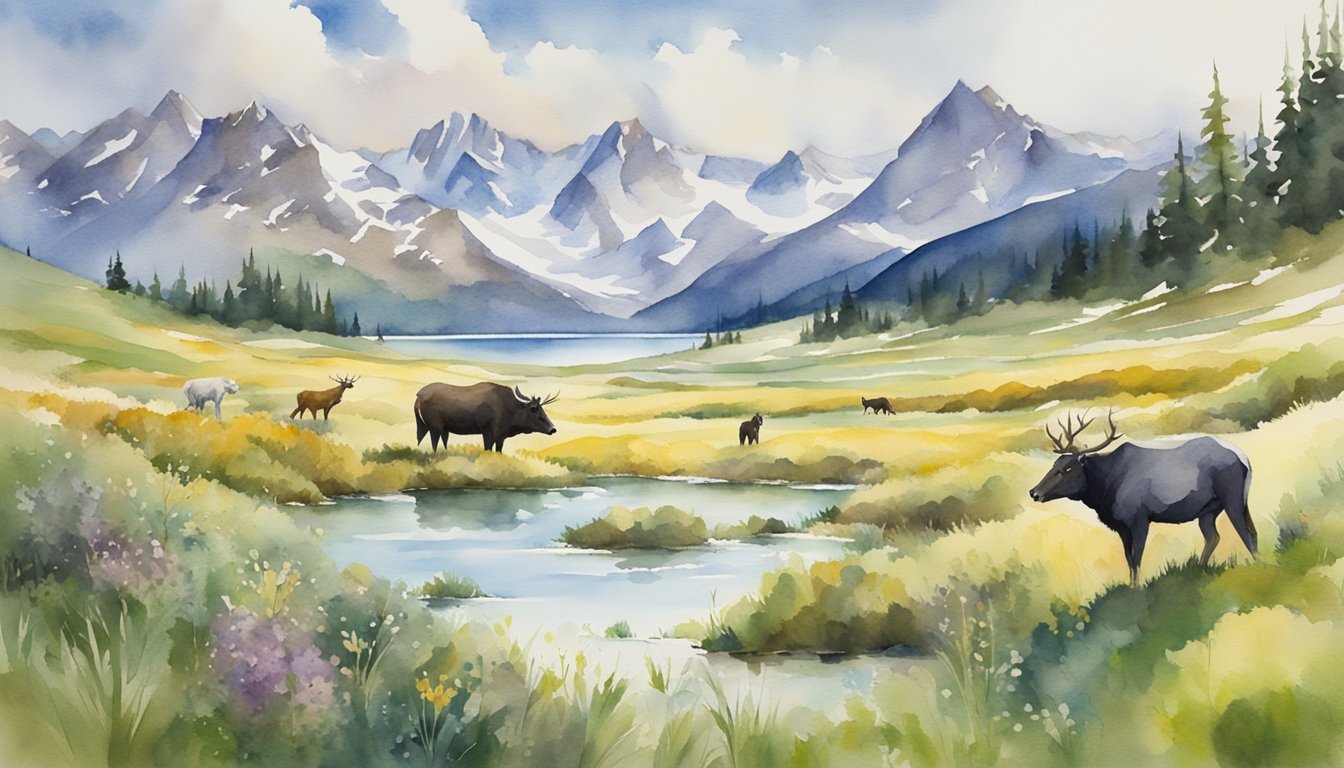 Animals roam the lush meadows, while hikers trek through the rugged terrain.</p><p>Snow-capped peaks tower over the serene lakes, creating a picturesque landscape