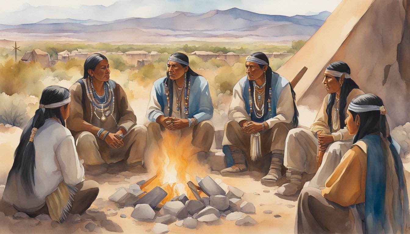 Southwest Native American tribes gather around a communal fire, adorned in traditional clothing and jewelry, with adobe dwellings and desert landscapes in the background