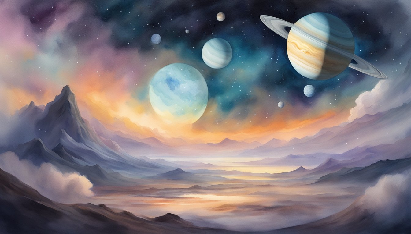 A massive gas giant with swirling clouds and a ring system, surrounded by numerous moons and a glowing, turbulent atmosphere