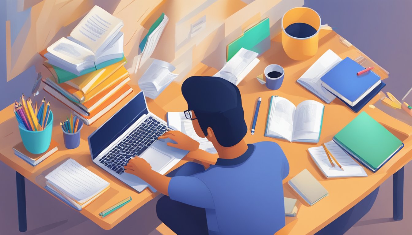 Tuition Assignment: Your Key to Academic Success in Singapore A student sits at a desk, books and papers scattered around. A pencil hovers over a notebook, while a laptop displays an online learning platform