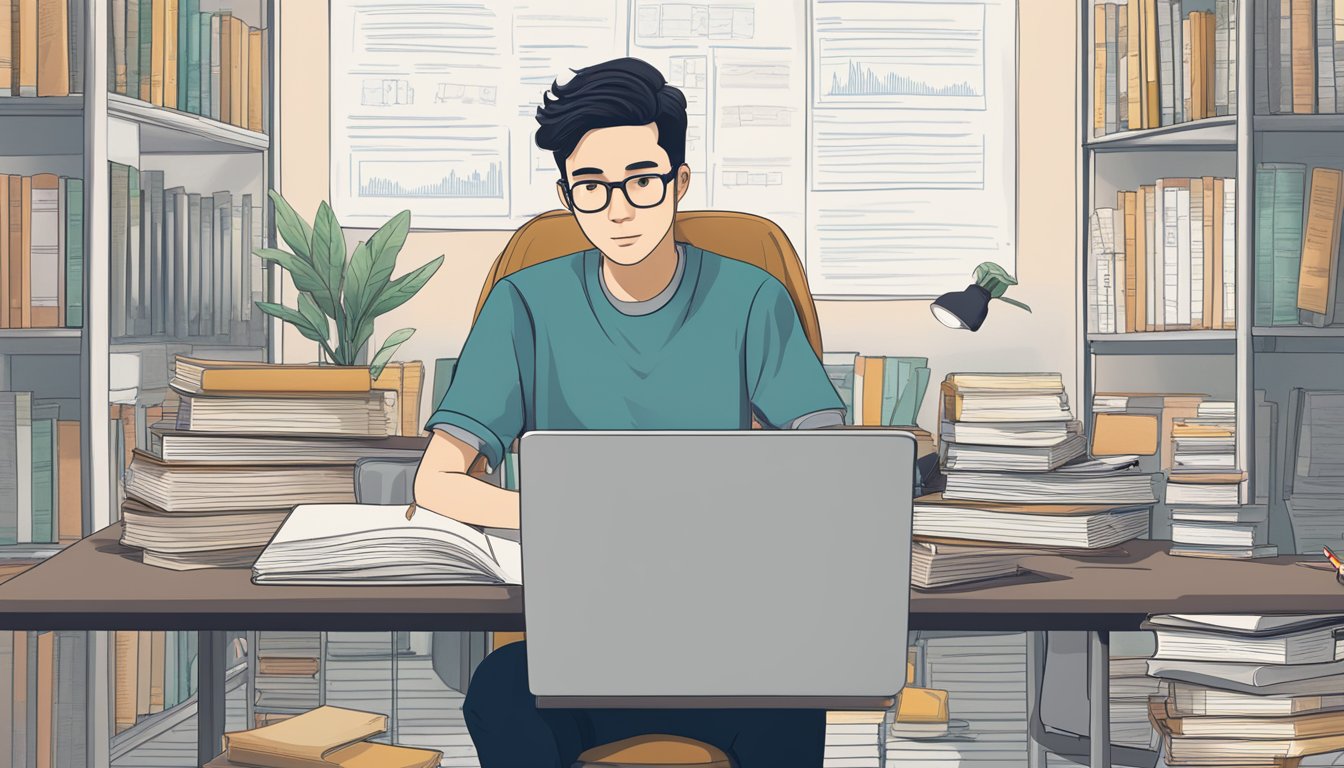 Tuition Assignment: Your Key to Academic Success in Singapore A student sits at a desk, surrounded by textbooks and notebooks. A laptop is open, displaying a list of tuition assignments in Singapore. The student is deep in thought, considering their options