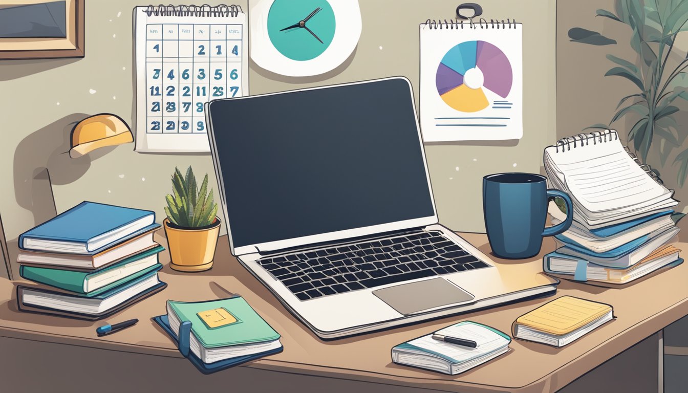 Tuition Assignment: Your Key to Academic Success in Singapore A cluttered desk with a laptop, textbooks, and notepads. A calendar with dates circled. A clock ticking on the wall