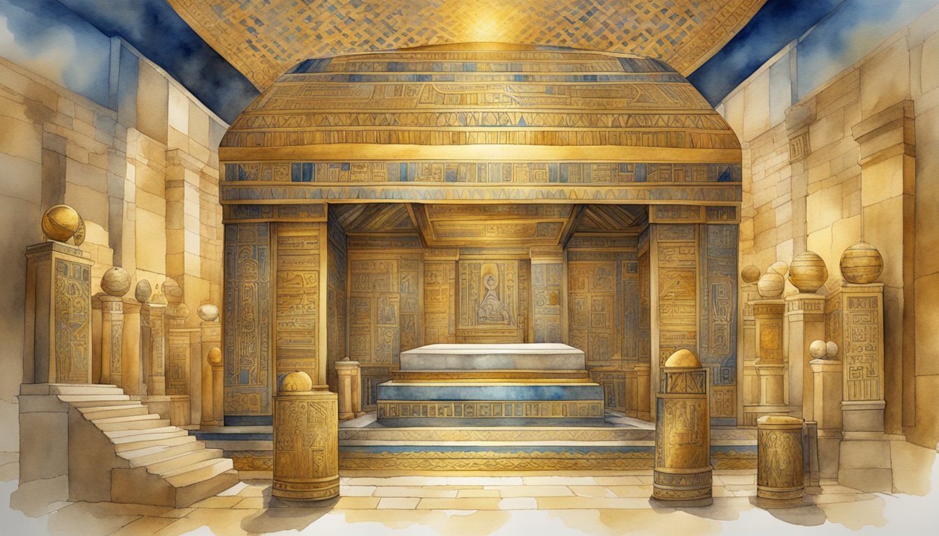 King Tut's tomb filled with treasures, including golden artifacts and intricate hieroglyphics, symbolizing his afterlife beliefs