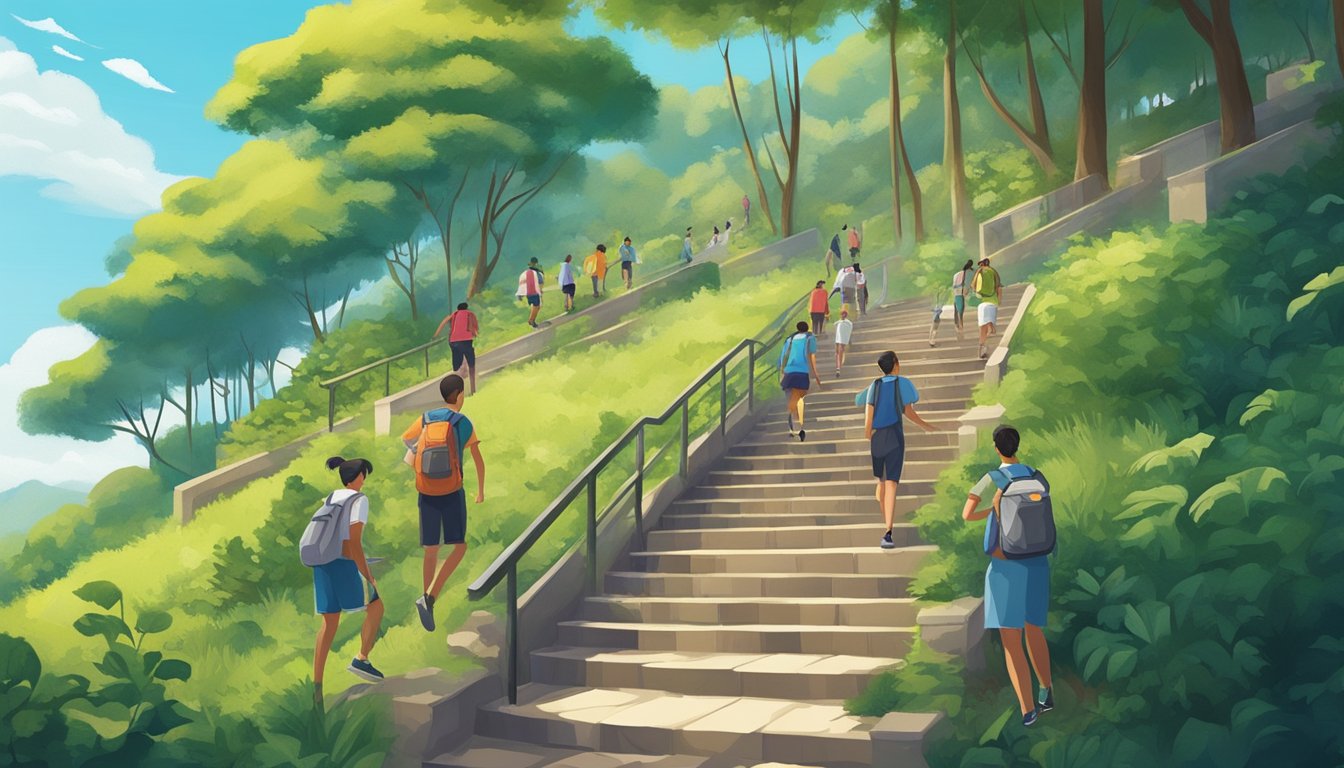Mendaki Tuition: Boosting Your Child's Academic Success Students climbing stairs to reach a tuition center on a hill, surrounded by lush greenery and a clear blue sky