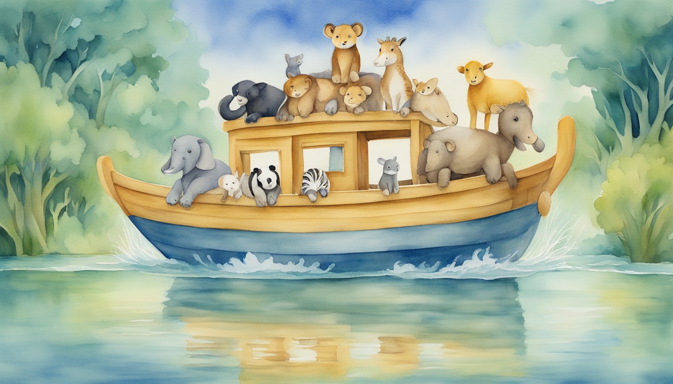 Animals board Noah's ark, two by two, as it floats on the rising floodwaters