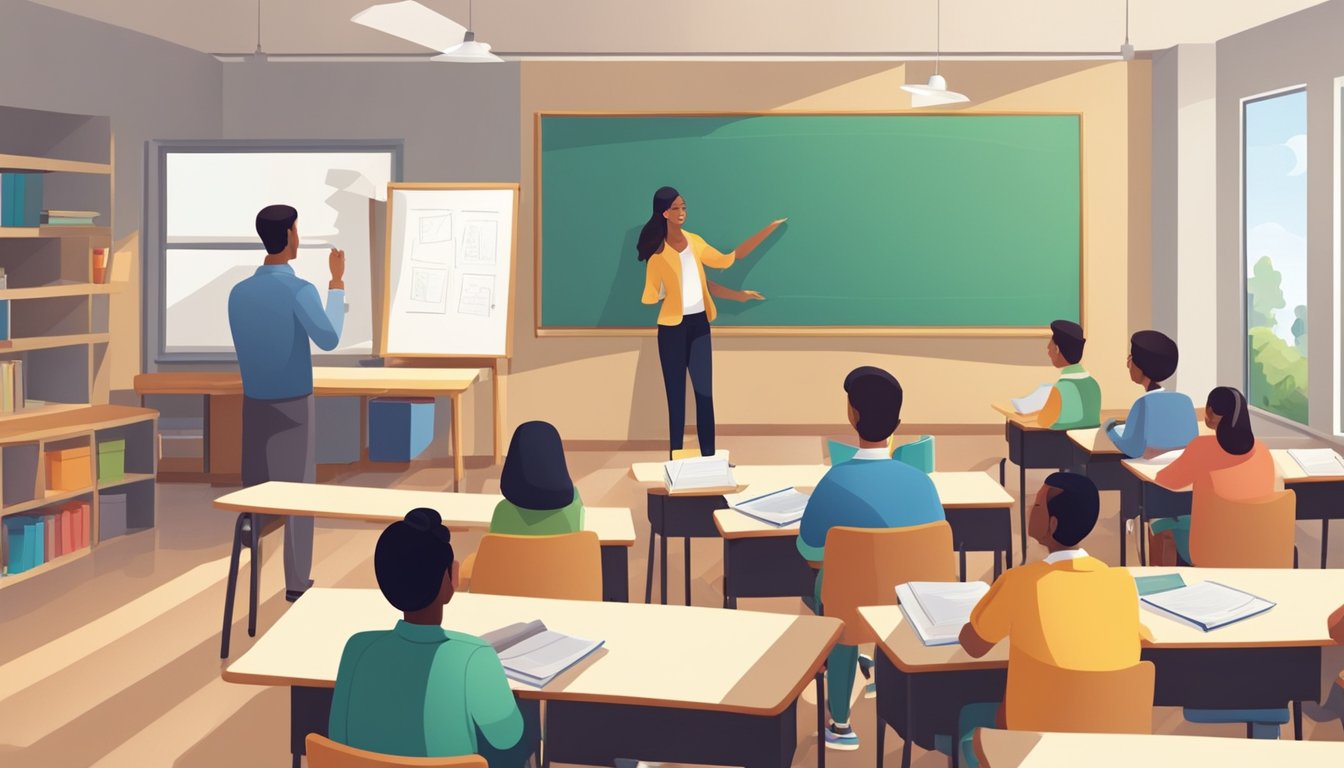 O Level Tuition: The Key to Excelling in Singapore's Education System A small classroom with a whiteboard, desks, and chairs. A tutor is standing in front, explaining a concept to a few students