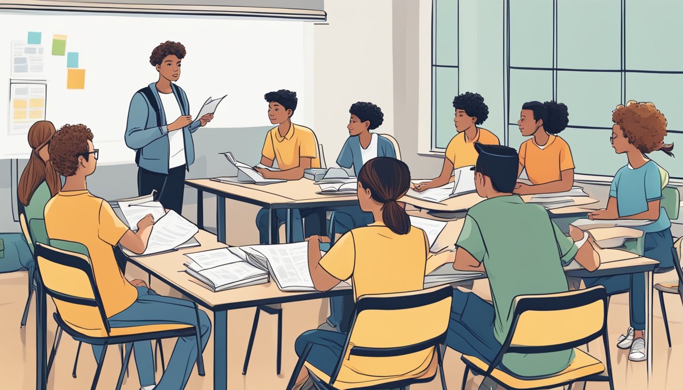 Mendaki Tuition: Boosting Your Child's Academic Success Students gather around a tutor, asking questions. Books and papers are scattered on the table. A whiteboard displays key points