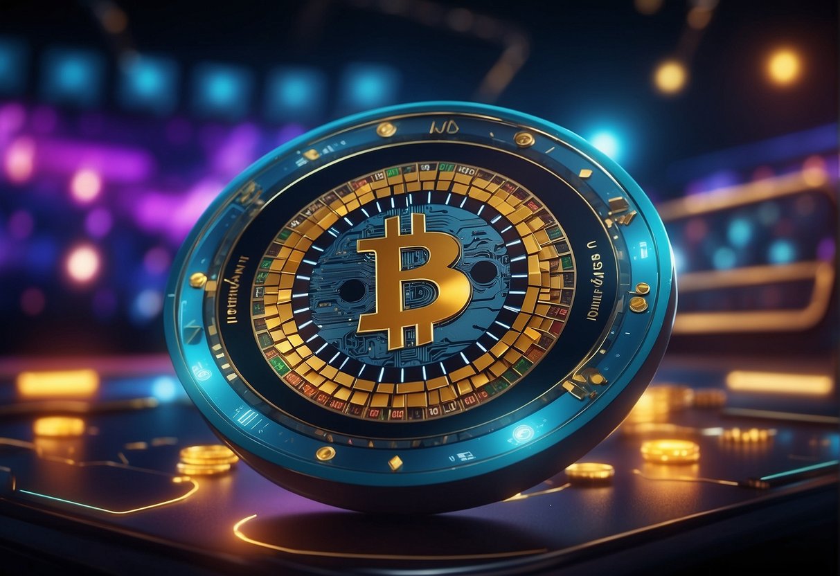 A colorful digital casino interface with cryptocurrency symbols and a sleek design. Icons of Bitcoin, Ethereum, and other digital currencies are featured prominently