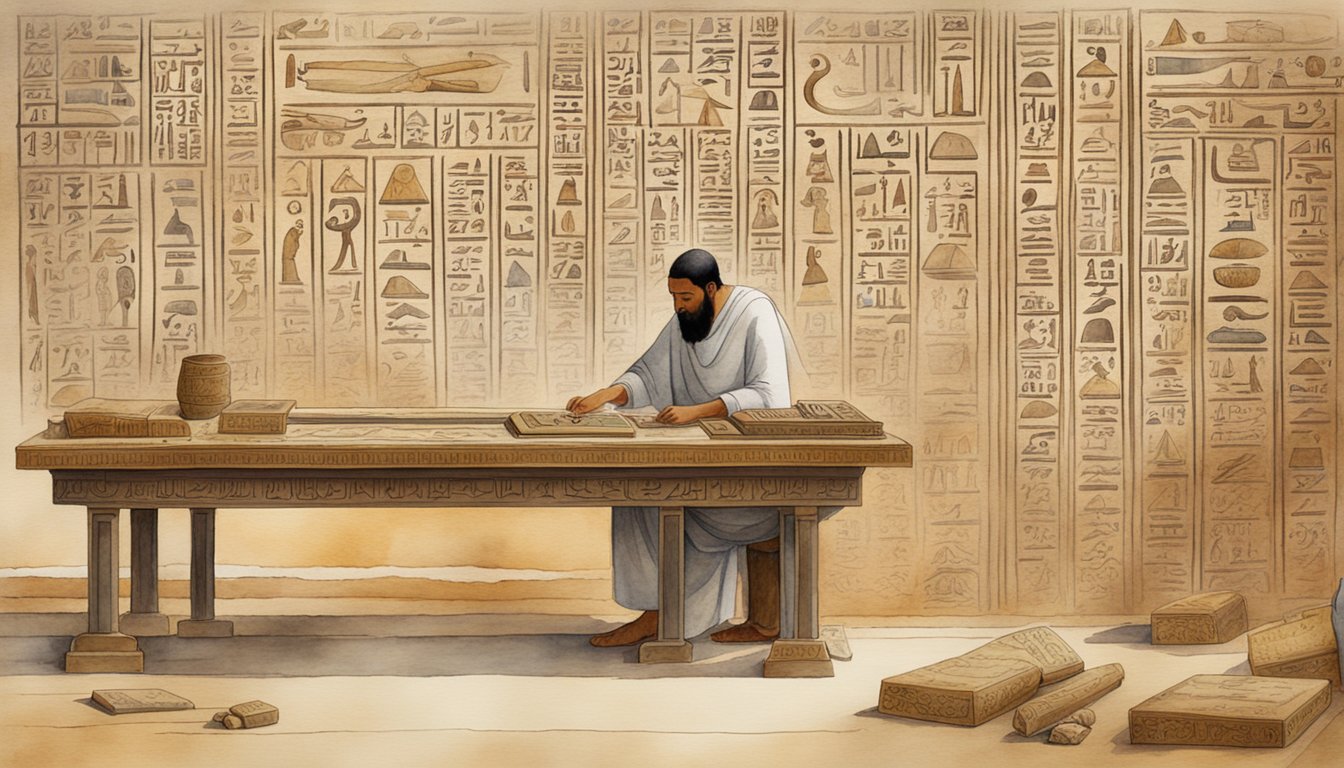 A table covered in ancient Egyptian hieroglyphics, with a scholar carefully studying and deciphering the symbols