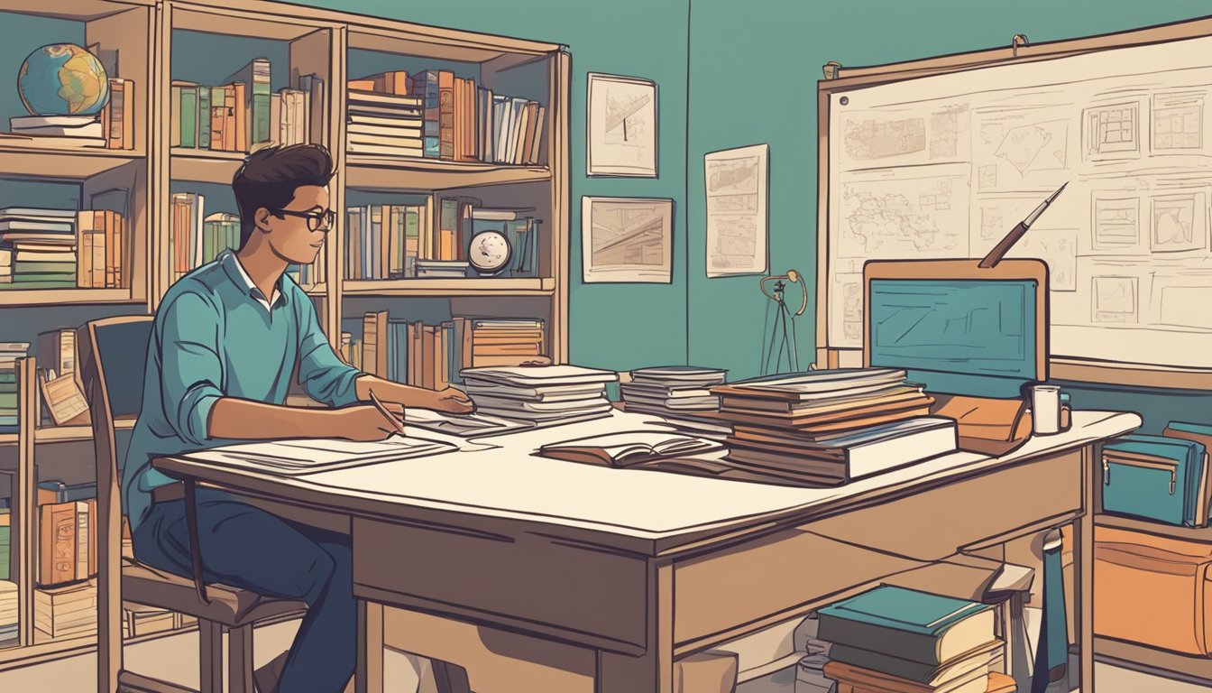 A student sitting at a desk, surrounded by books and school supplies, with a tutor pointing to a whiteboard, explaining a concept