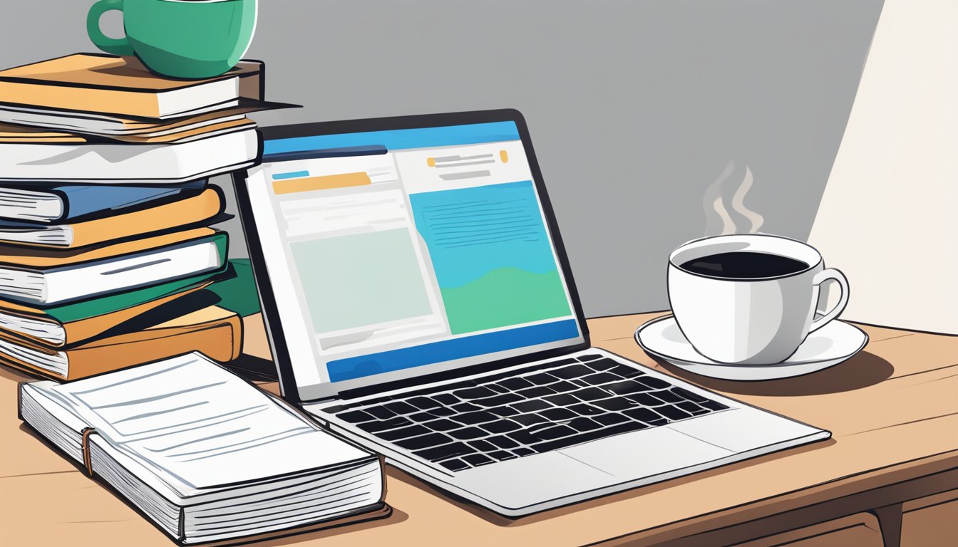 A stack of textbooks and notebooks on a desk, with a laptop open to a tuition website. A cup of coffee sits nearby